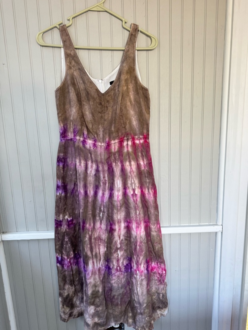 J. Crew Linen Brown Maxi Dress with Purple and Pink Tie-Dye